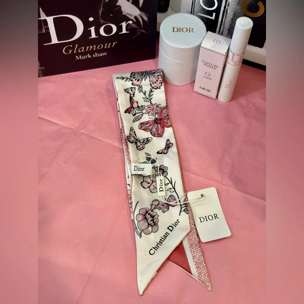 NWT DIOR BEAUTE Cream/Pink 100% Silk Scarf/Serum/Maximizer 3D Mascara Primer
